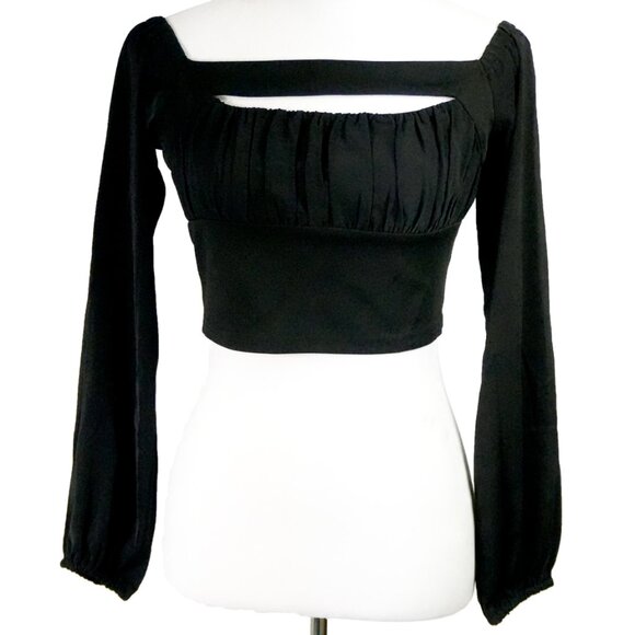 Michel Tops - LNC Michel Womens Medium Black Crop Top Peekaboo Chest Long Sleeve Polyester